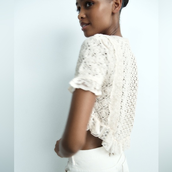 Zara lace crochet sweater top blouse ruffled bohemian - Picture 6 of 9
